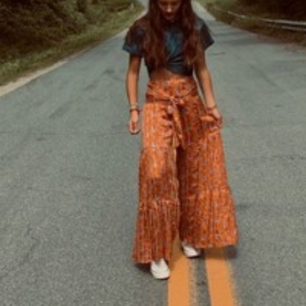 Paisley Palazzo waist Tie Lounge Pants Orange - Picture 7 of 16